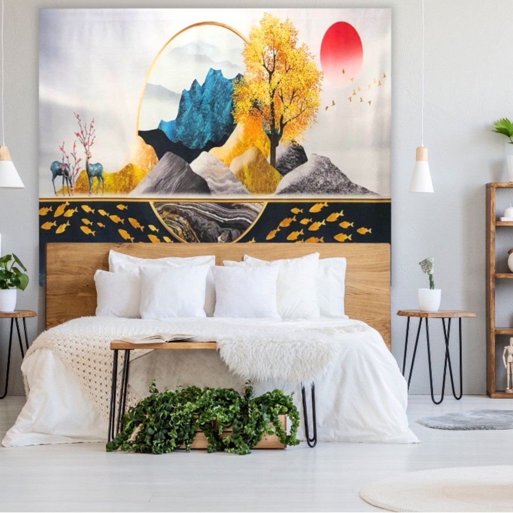 Abstract Landscape Wall Art with Gold and Blue Accents Tapestry Sale canvas diy